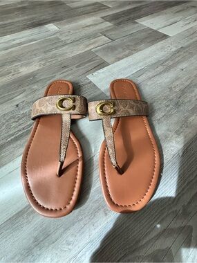 Coach Tan Leather T-Strap Sandals with Gold 'C' Logo